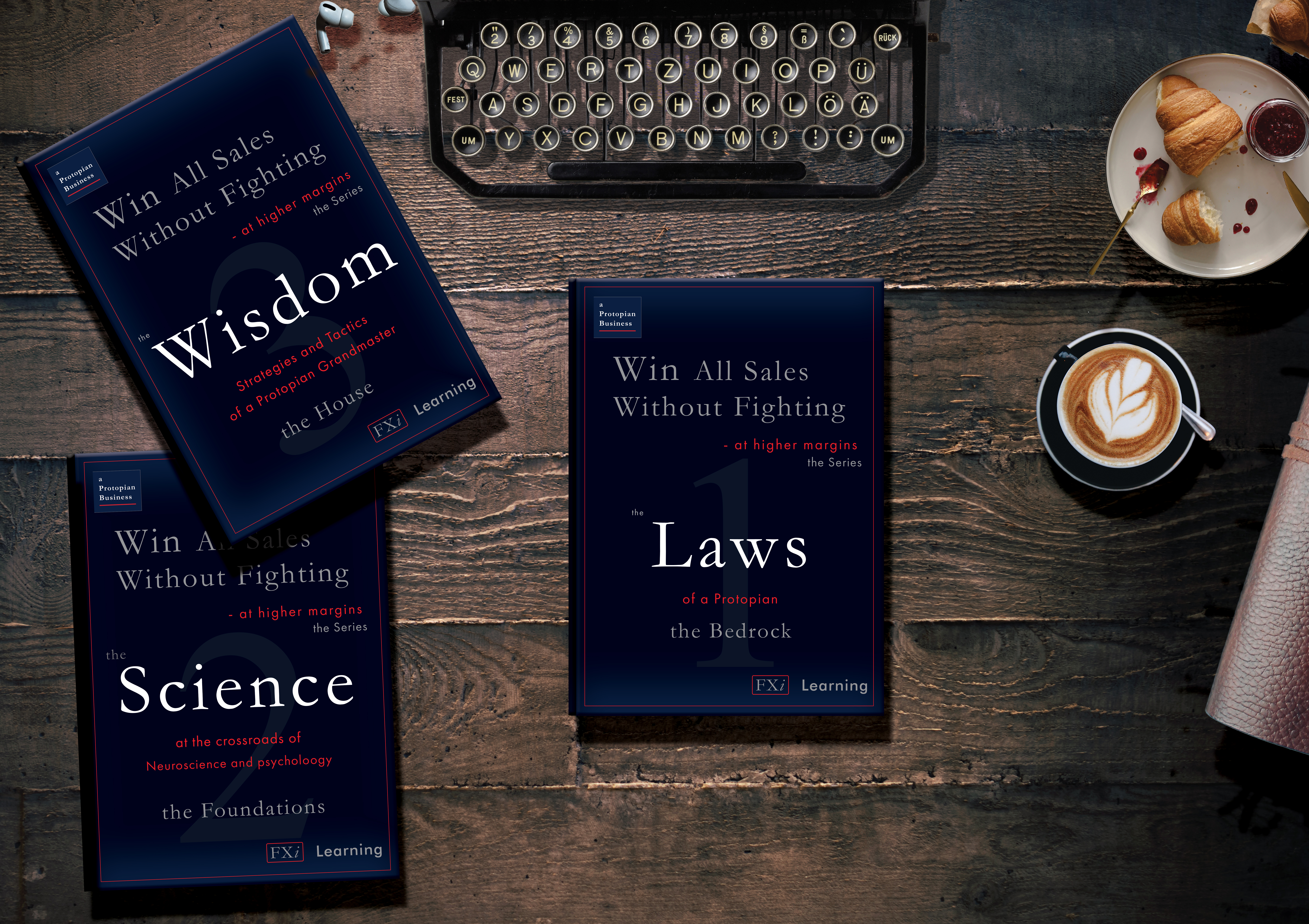 The last picture in the “free ebook” section is of the three books in the series “Win All Sales without fighting at higher margins. The background is an antique hardwood desk. There is an antique black cast metal typewriter top center, only showing the front part with all the keys. The first book, the Laws, is in the center of the screen; the second book, the Science, is bottom left, slightly turned to the left; the third book is placed at about 15 degrees to the left, and the bottom part is on top of the second book that is in the bottom left. There are a set of apple earbud headphones between the third book and the typewriter; a cappuccino with a flower design in the foam is on the right side—a small teaspoon on the saucer, with dark blue trim. A partially eaten croissant on ta dish is above the cappuccino and slightly to the right. There is a small single-serving glass jar of jam and a tiny spoon with strawberry jam on the plate. To the right is the edge of a leather-bound journal. The light source appears to be coming from an off-screen light on the left side of the typewriter at the top.